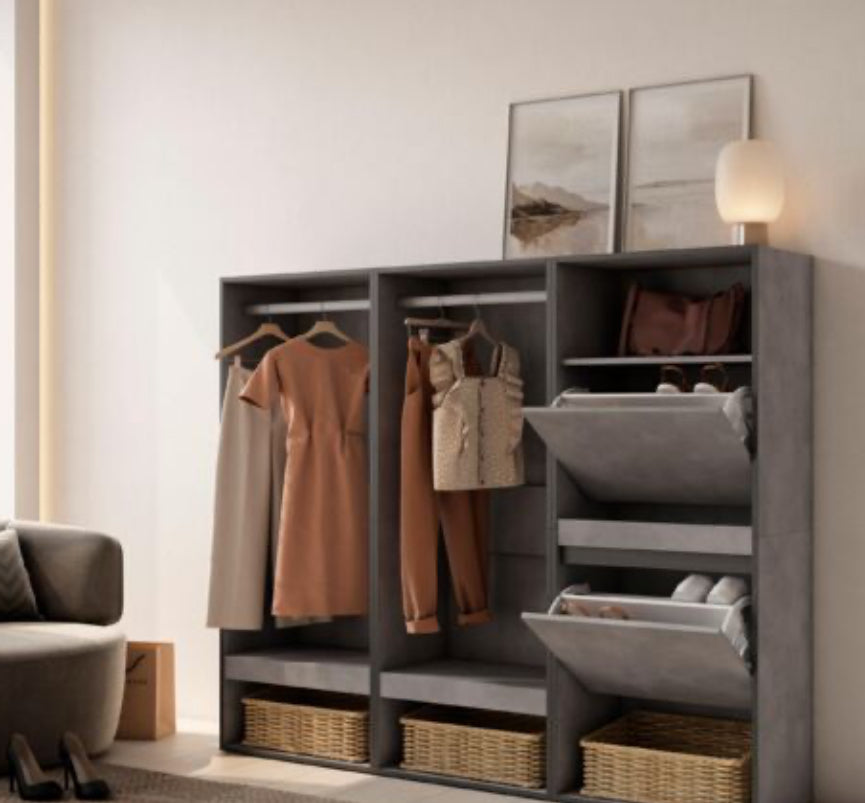 Armoire Vestiaire ouvert, Armoire de Rangement Ouverte, 180x145x35 cm, Chambre à coucher, pièce, Meuble à Chaussures, Style moderne, Gris Ciment