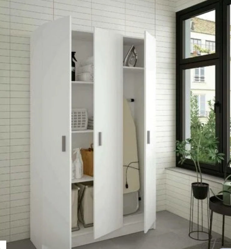Armoire polyvalente Beaumont, Armoire auxiliaire à 3 portes, Armoire à chaussures, Placard à balai, cm 109x37h180, Blanc