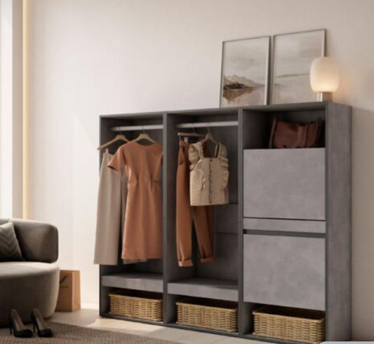 Armoire Vestiaire ouvert, Armoire de Rangement Ouverte, 180x145x35 cm, Chambre à coucher, pièce, Meuble à Chaussures, Style moderne, Gris Ciment